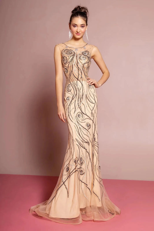 Full-length front view shows embroidered styling on the Nude prom evening dress.
