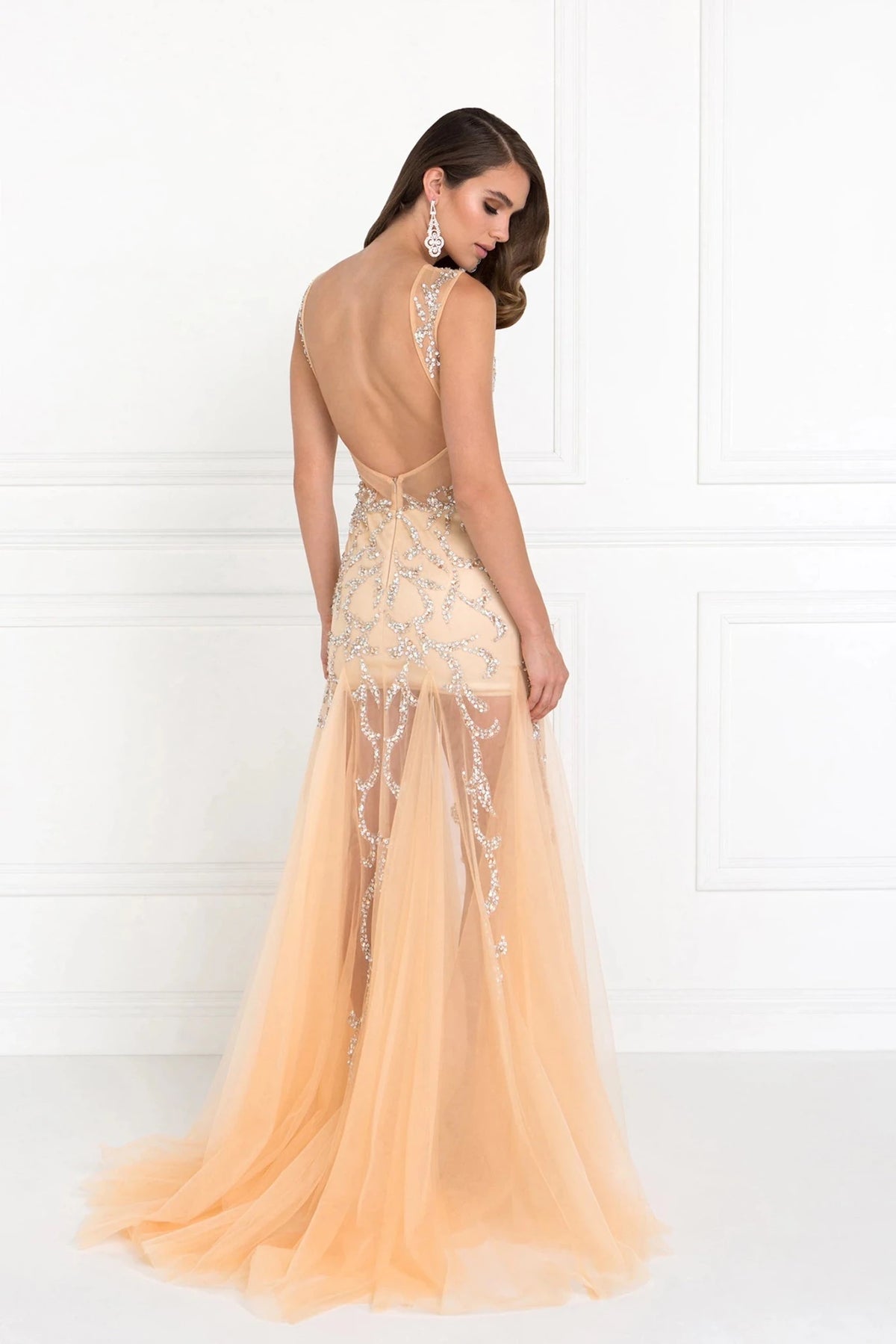 Nude beaded prom evening dress full front