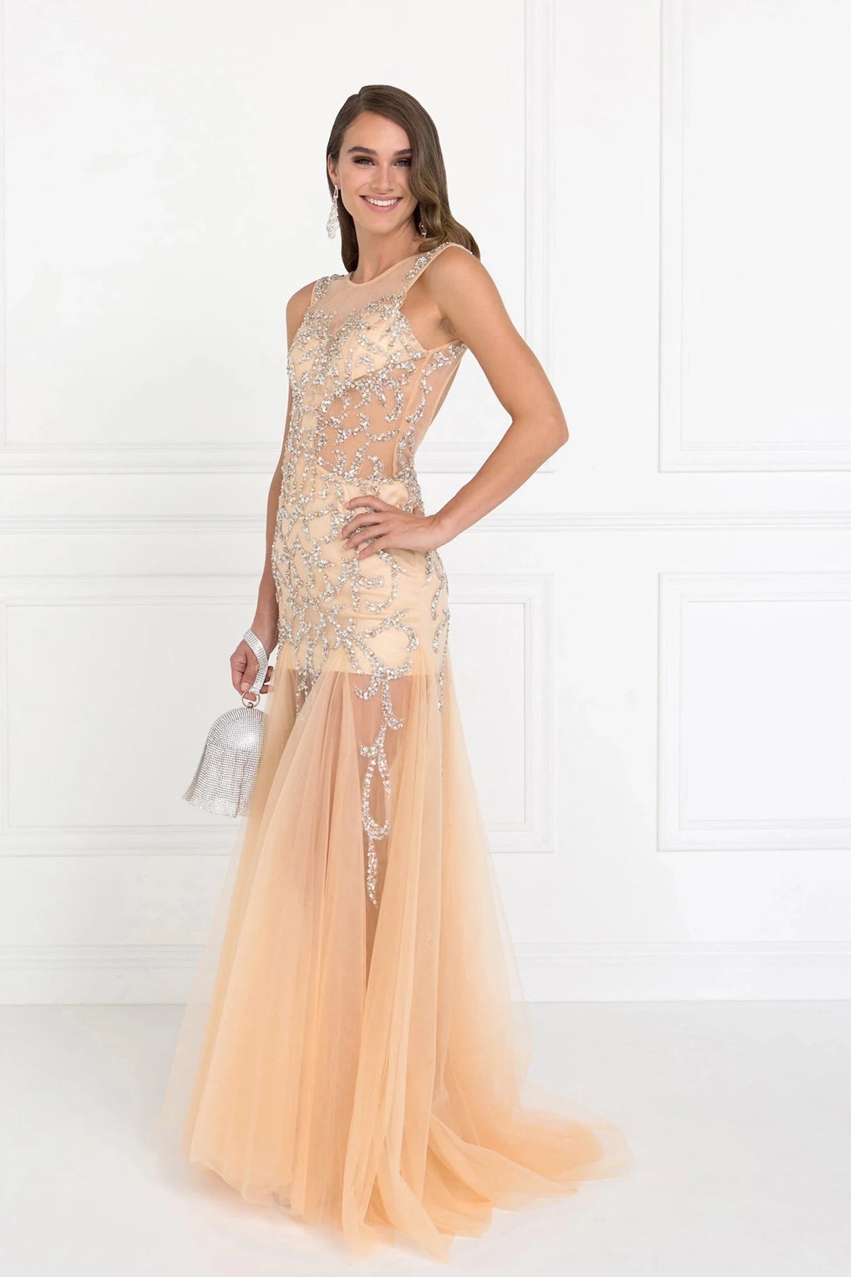 Nude prom evening dress full back with open back