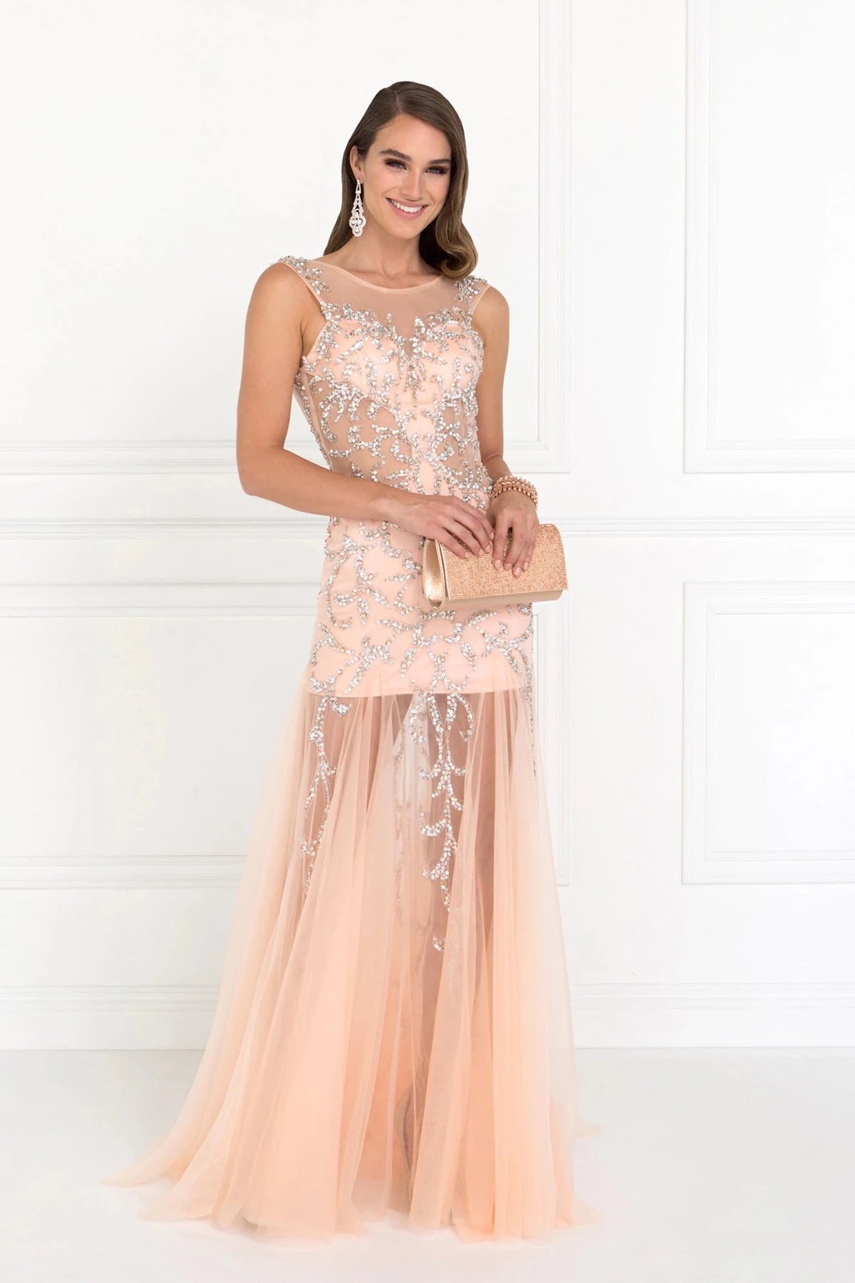 Peach beaded prom evening dress full front
