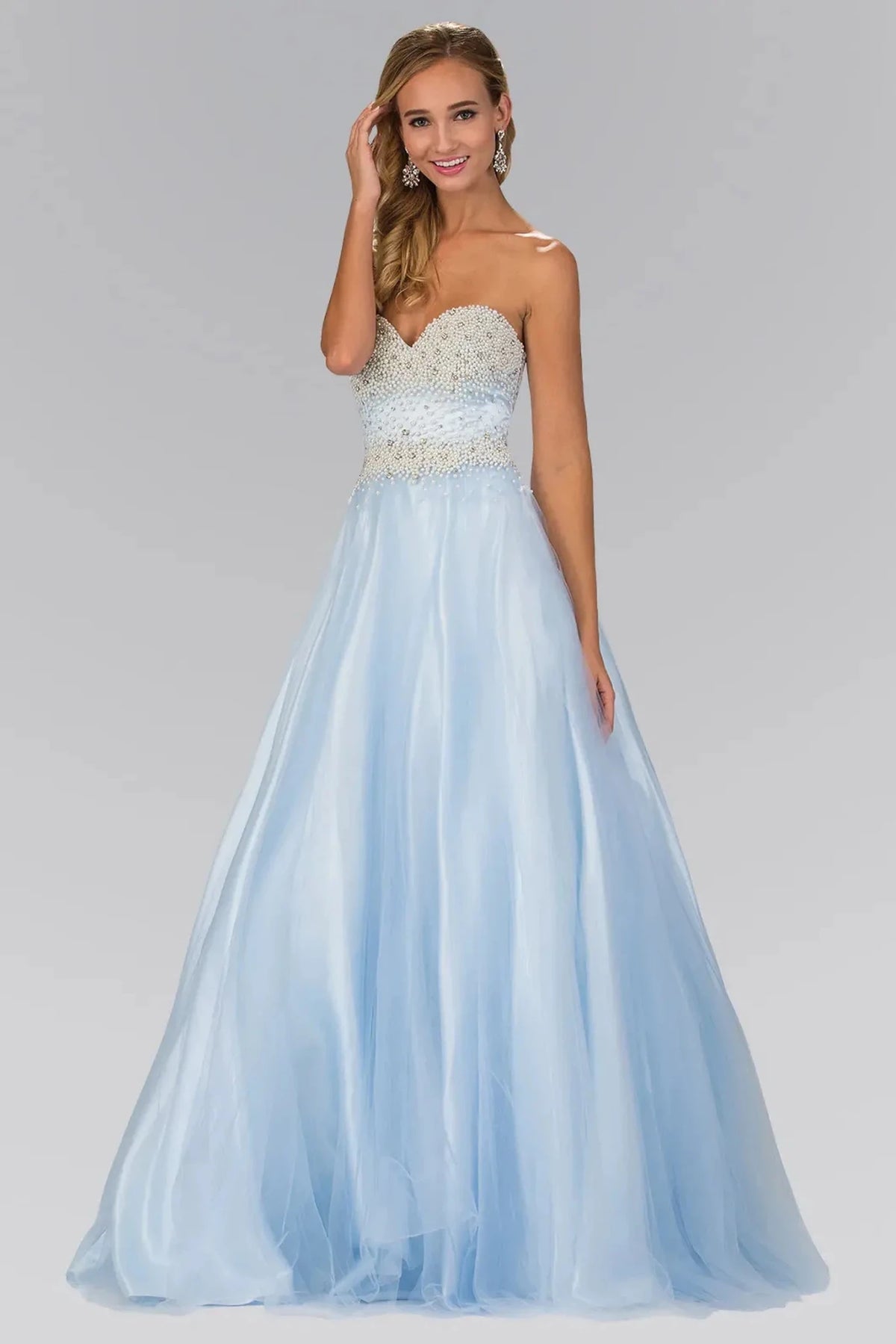 Baby Blue beaded strapless prom evening dress full front