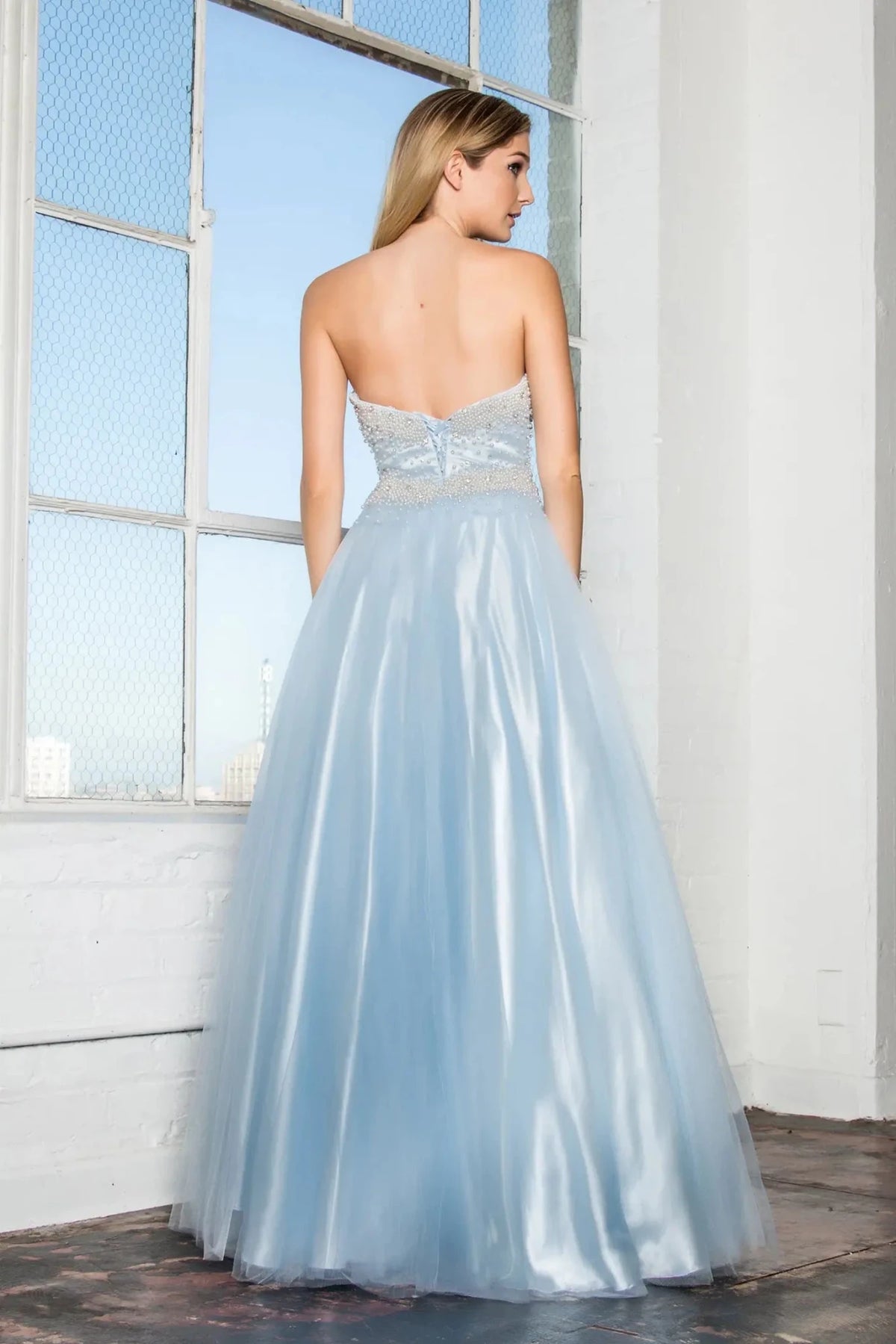 Baby Blue prom evening dress full back with open back