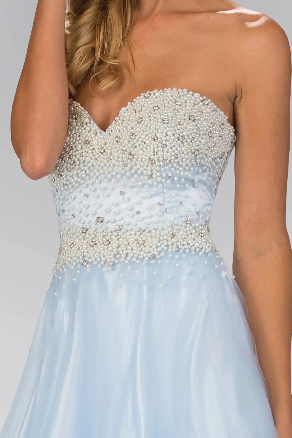 Baby Blue sweetheart prom evening dress upper front with jewel