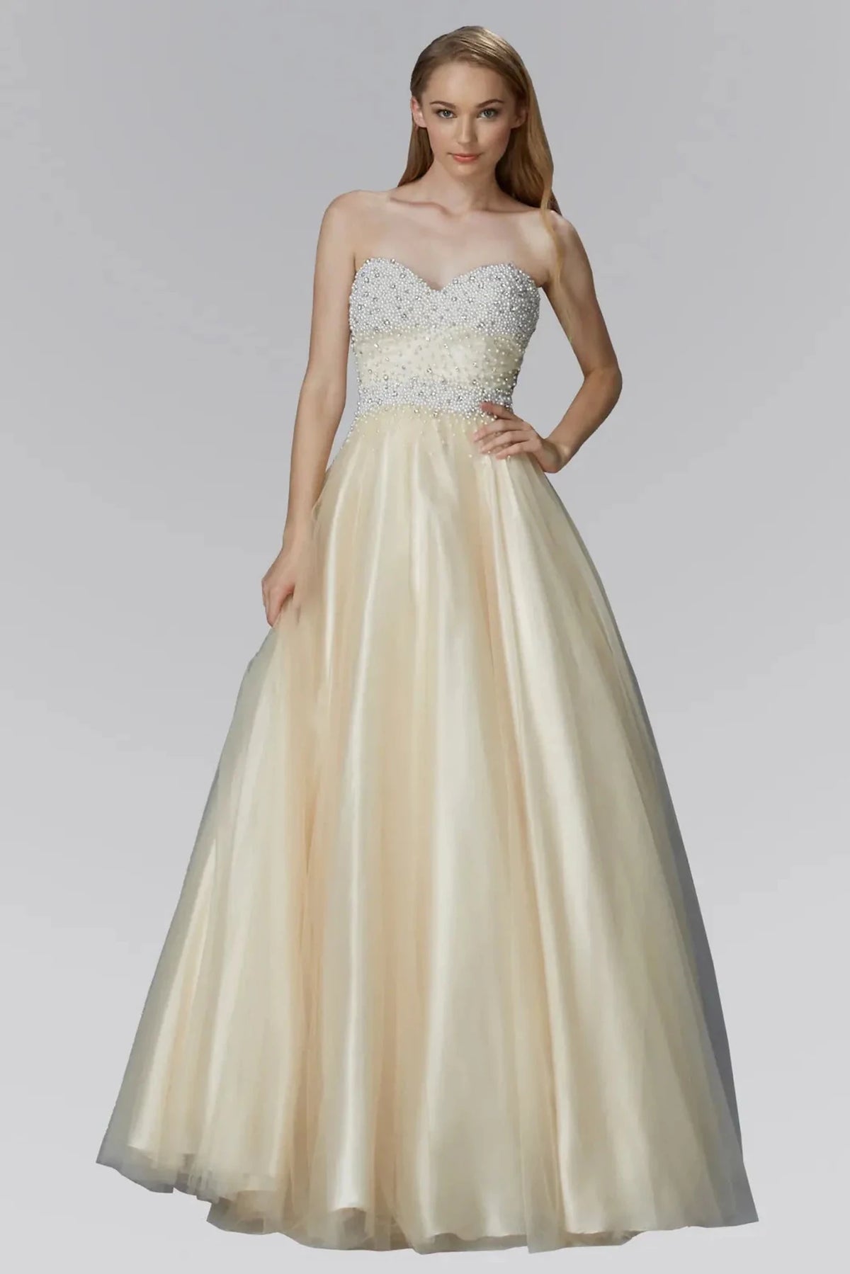 Champagne beaded strapless prom evening dress full front