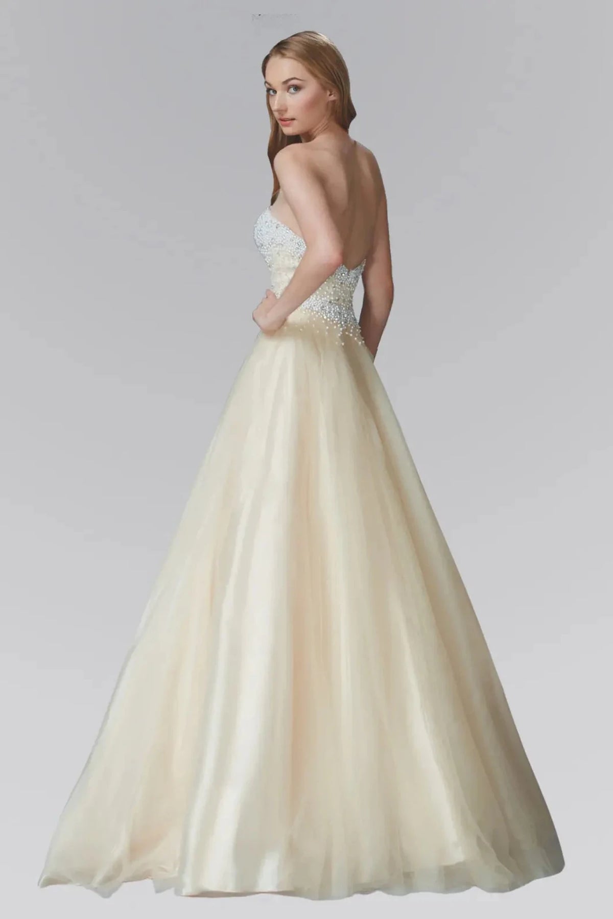 Champagne prom evening dress full back with open back