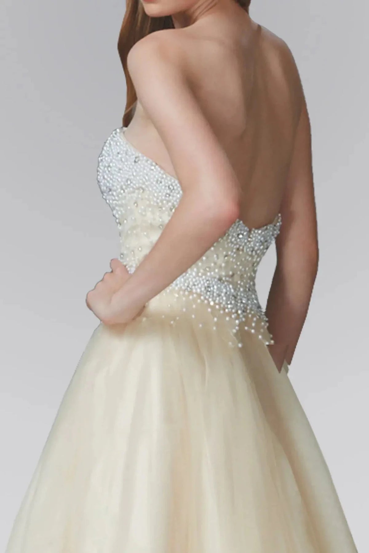 Champagne sweetheart prom evening dress upper front with jewel