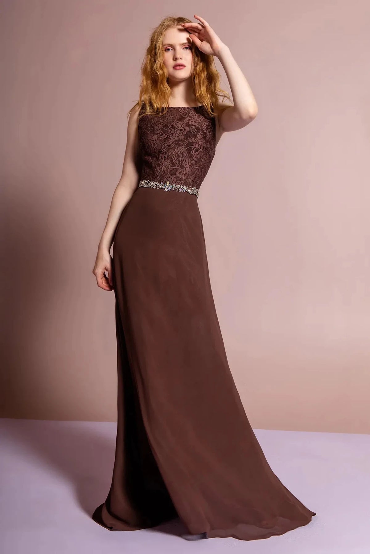 Brown beaded prom evening dress full front