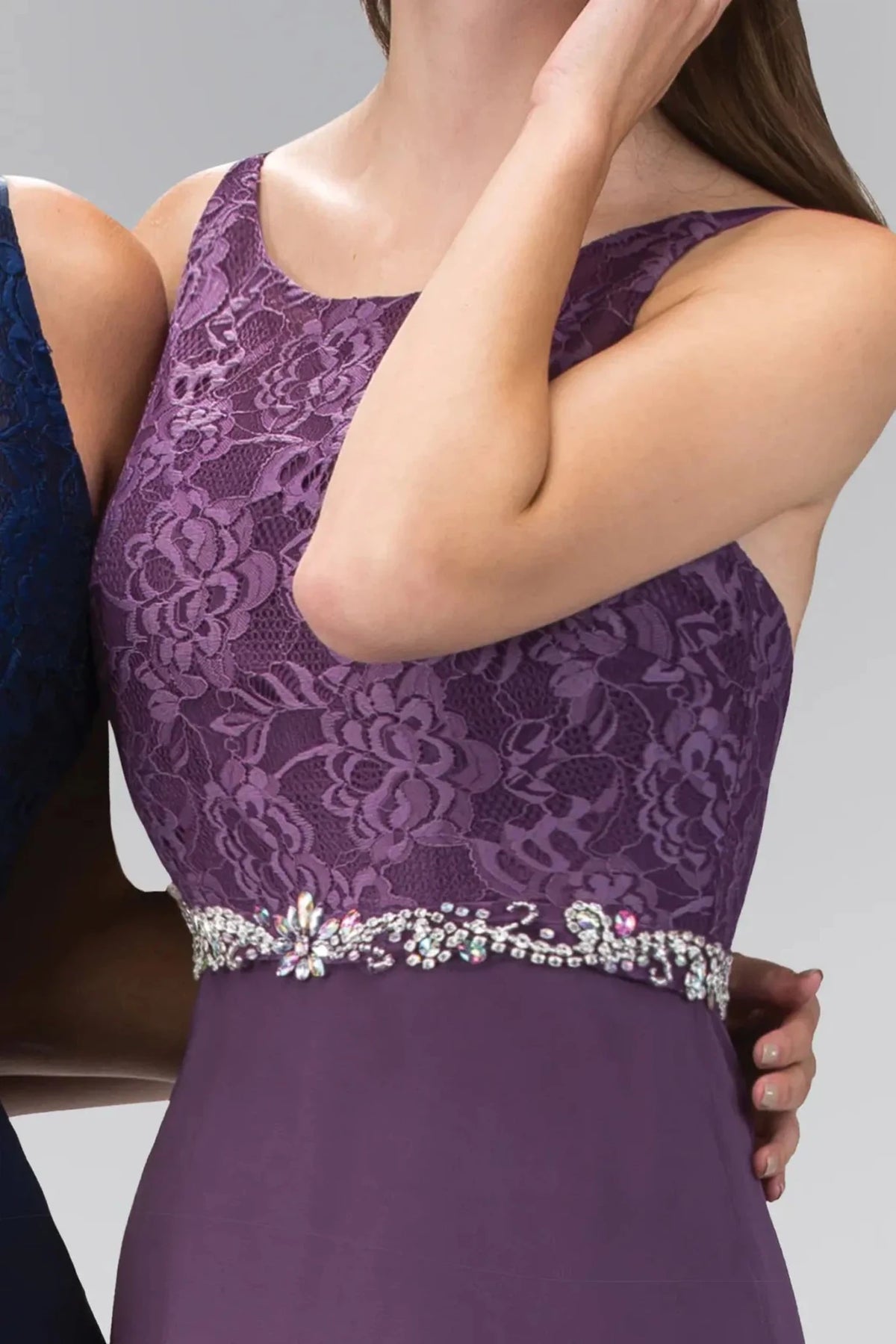 Eggplant beaded prom evening dress full front