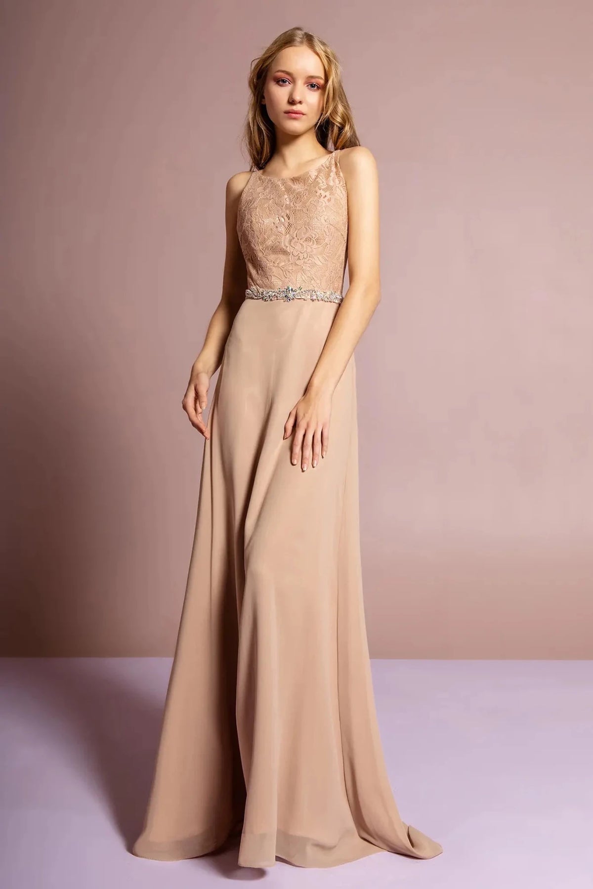 Tan beaded prom evening dress full front