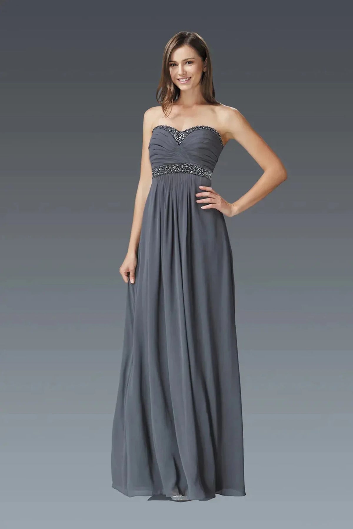 Charcoal Grey beaded strapless prom evening dress full front