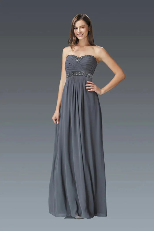 Full-length front view shows beaded strapless styling on the Charcoal Grey prom evening dress.