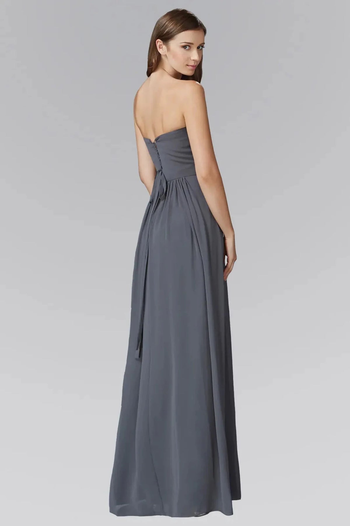 Charcoal Grey prom evening dress full back with open back
