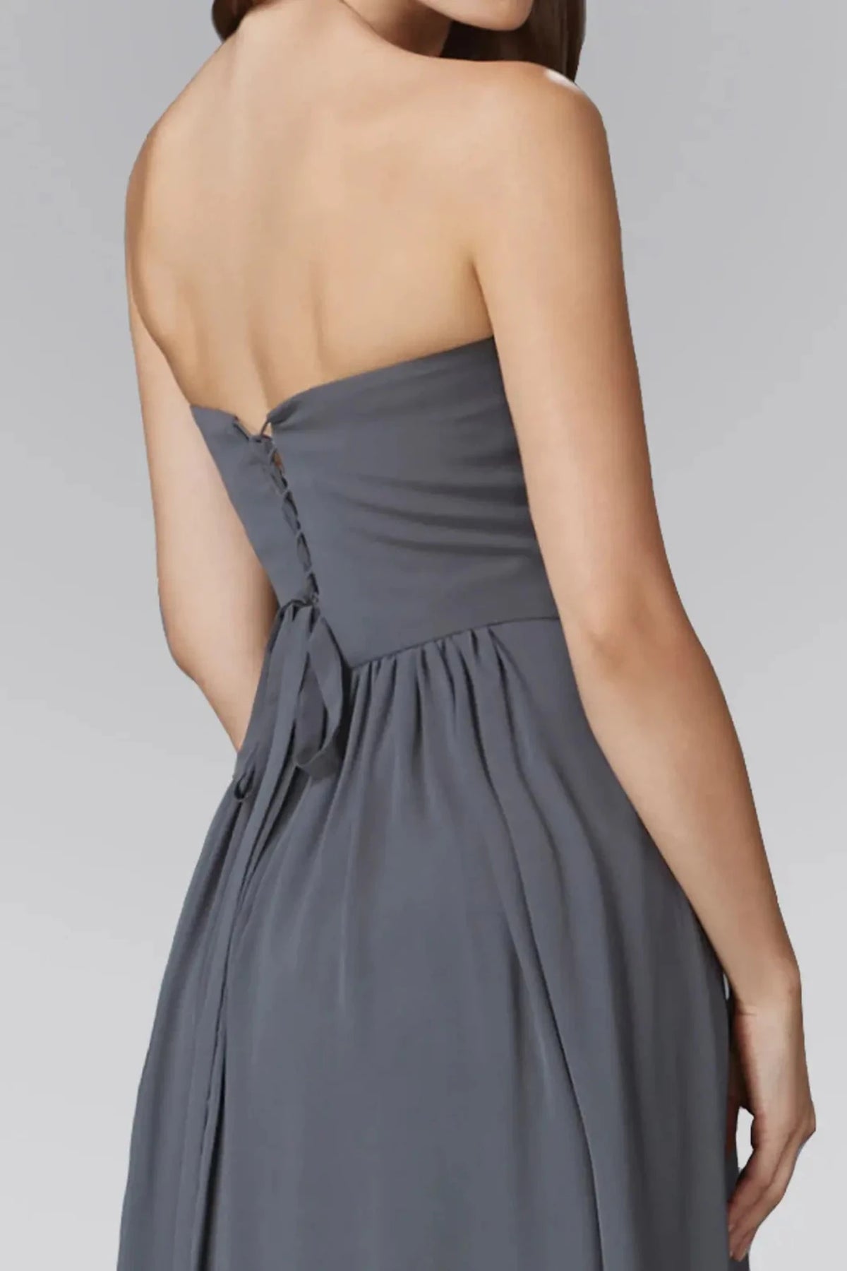 Charcoal Grey sweetheart prom evening dress upper front with beads