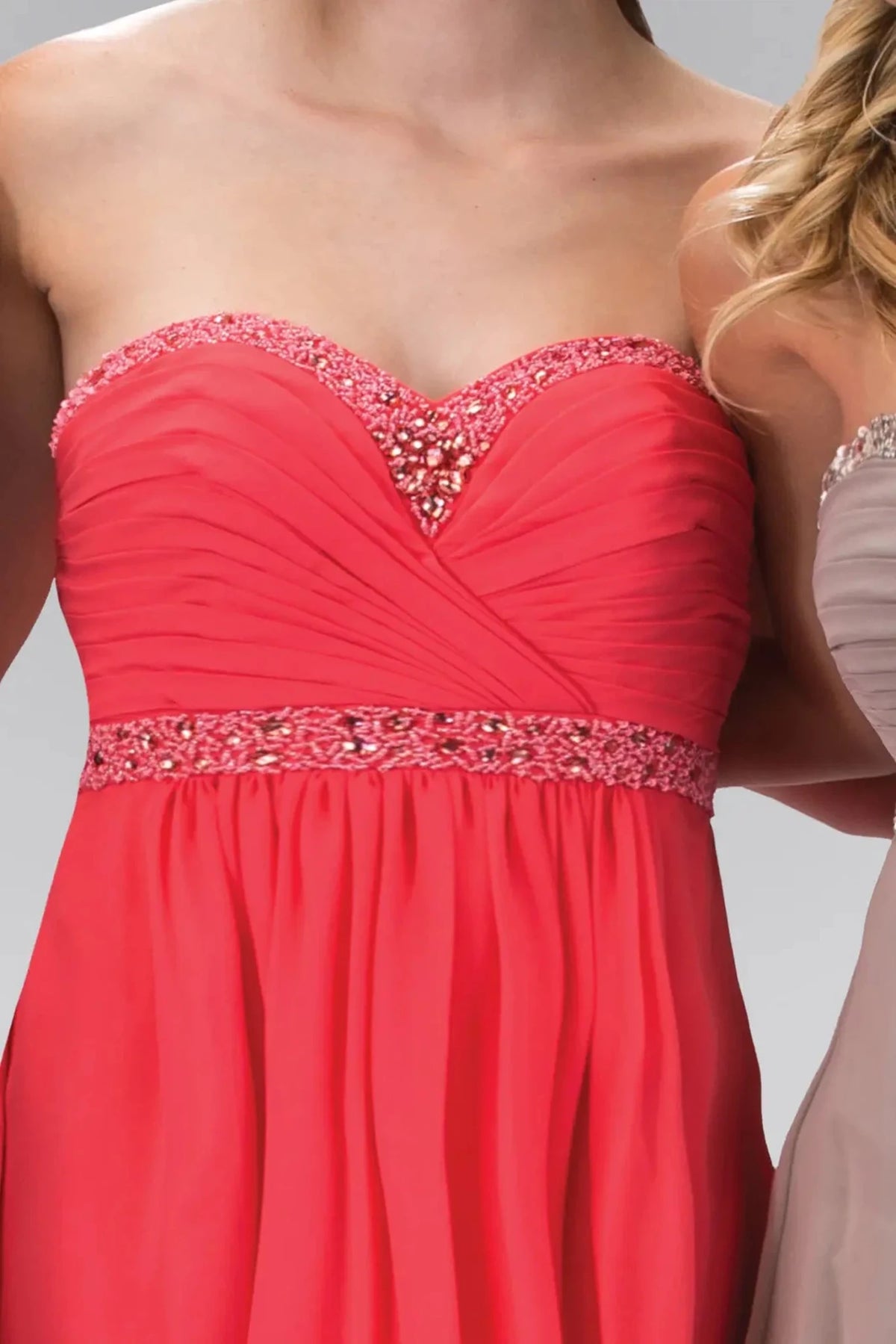 Coral beaded strapless prom evening dress full front