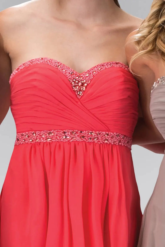 Coral beaded strapless prom evening dress full front