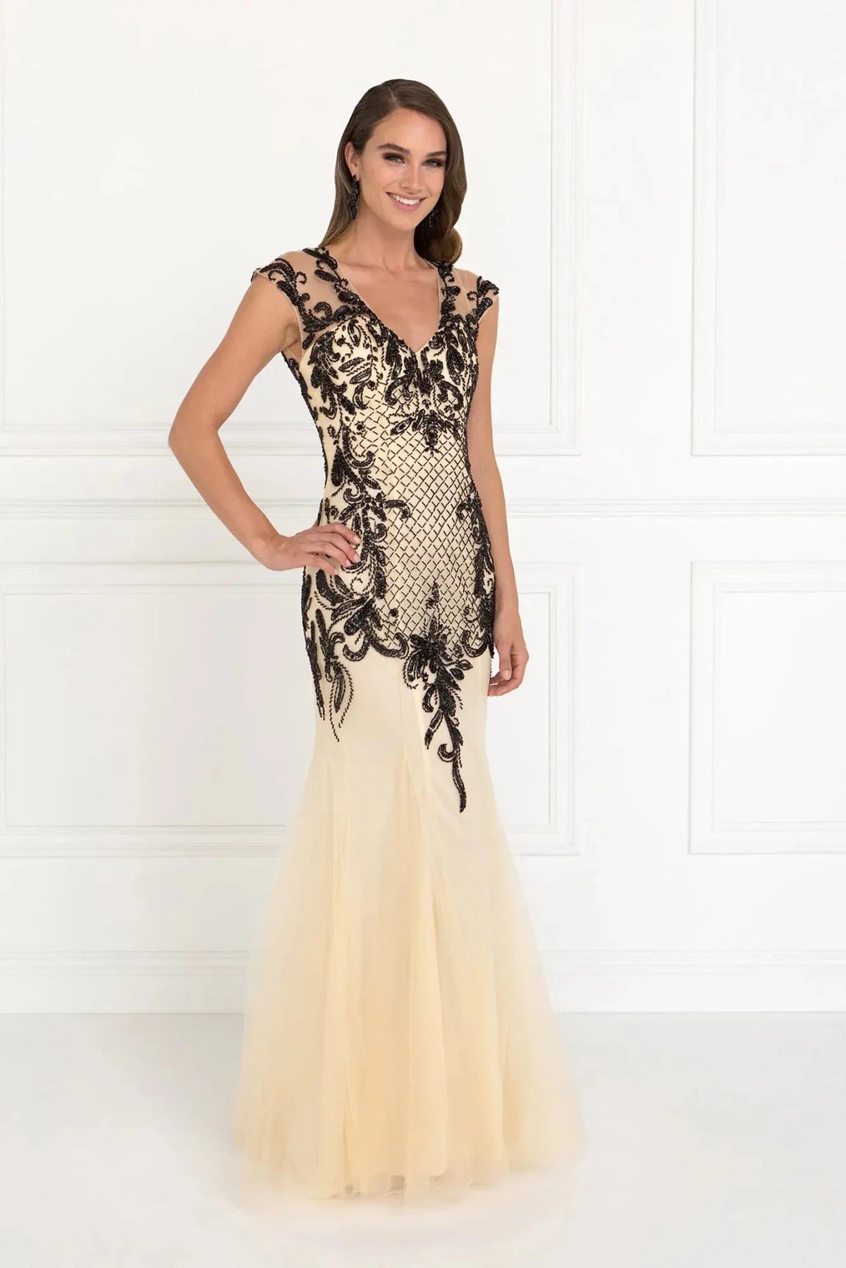 Champagne/Black beaded cap-sleeve prom evening dress full front