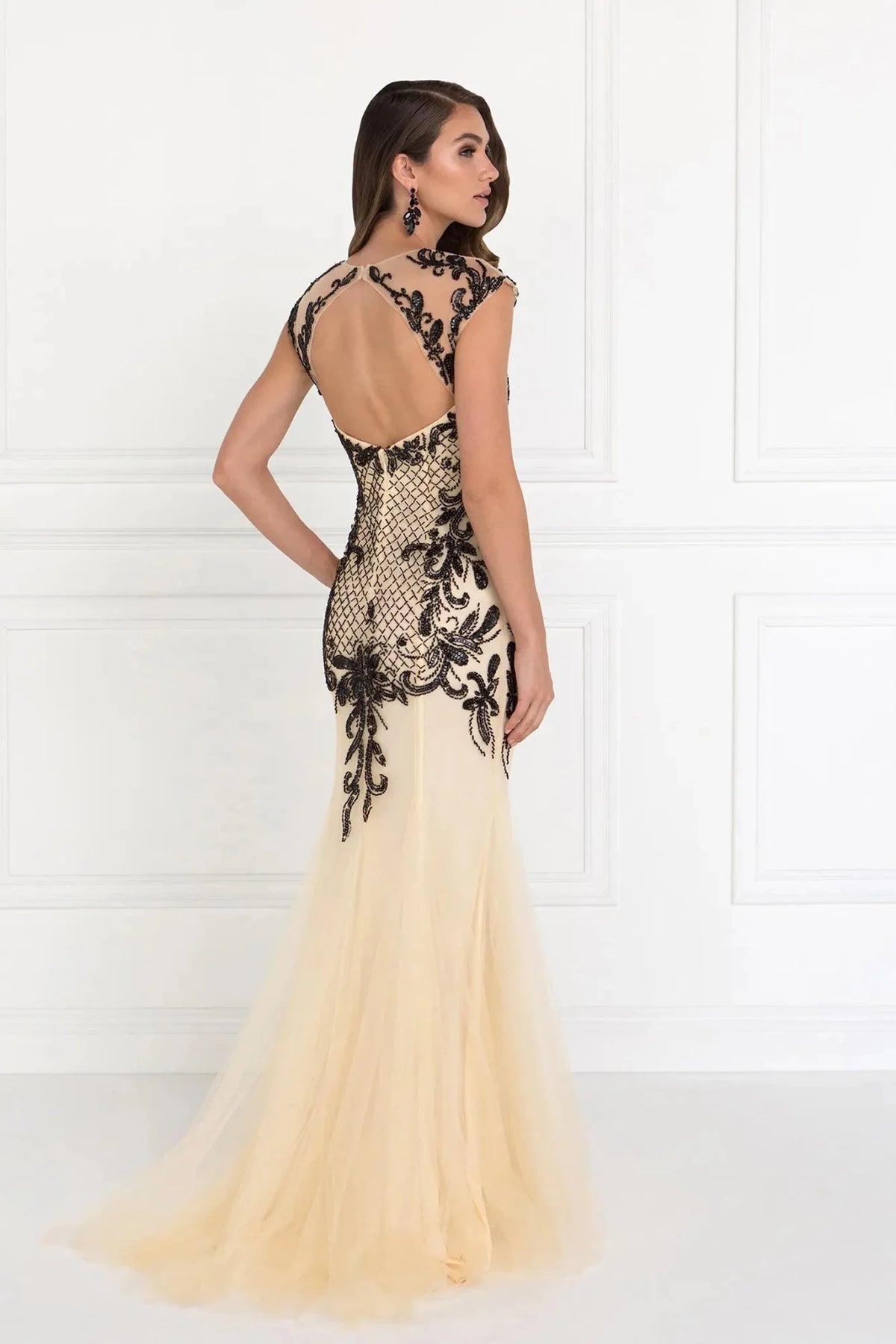 Champagne/Black prom evening dress full back with open back
