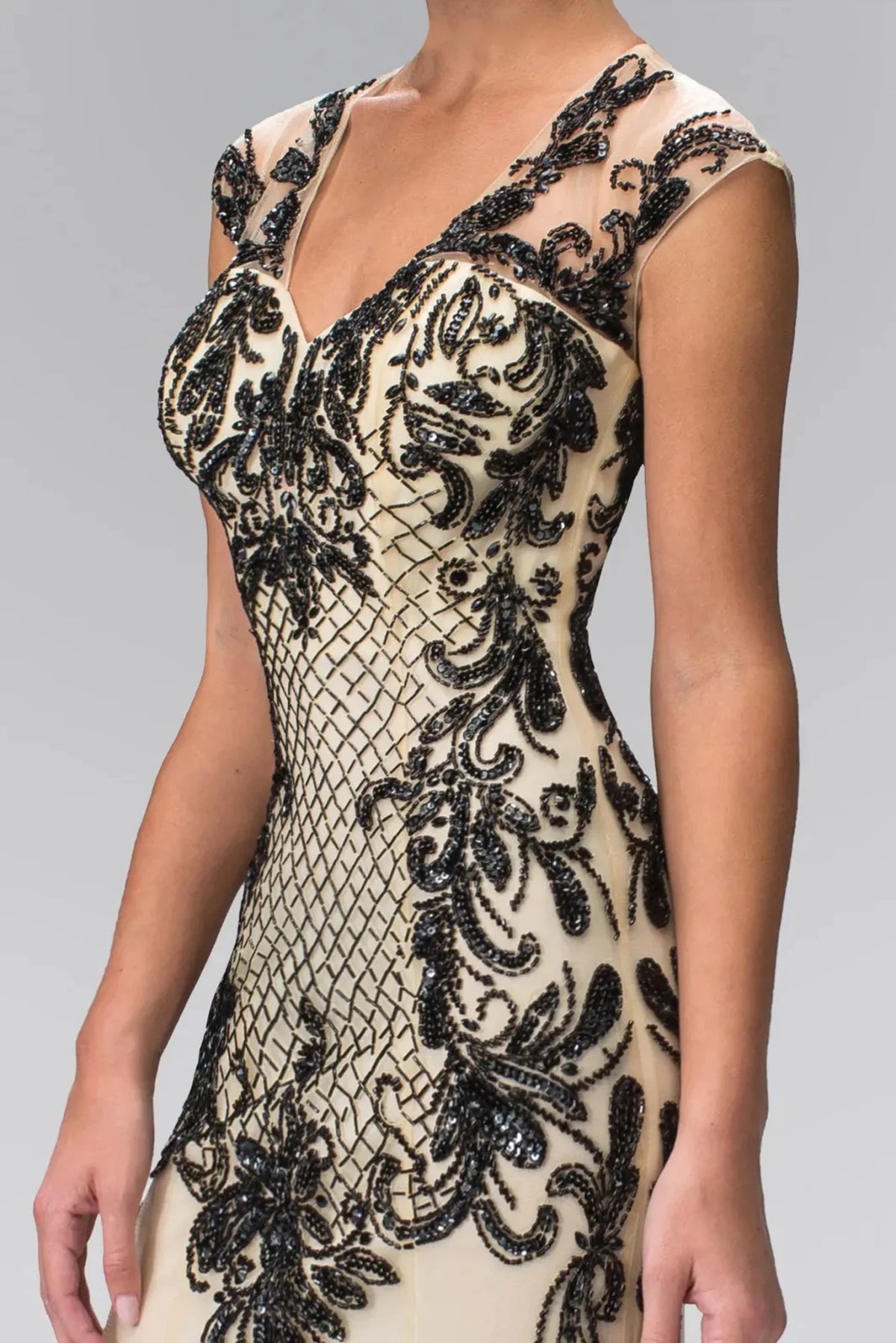 Champagne/Black v-neck prom evening dress upper front with beads