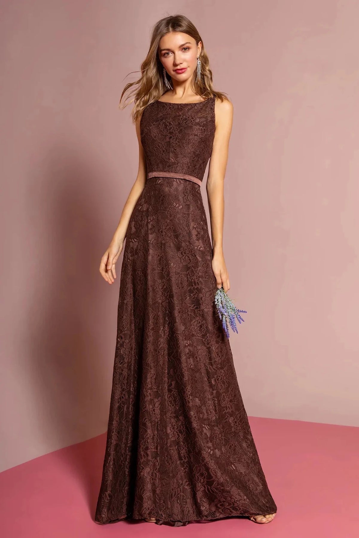 Brown spaghetti-strap prom evening dress full front