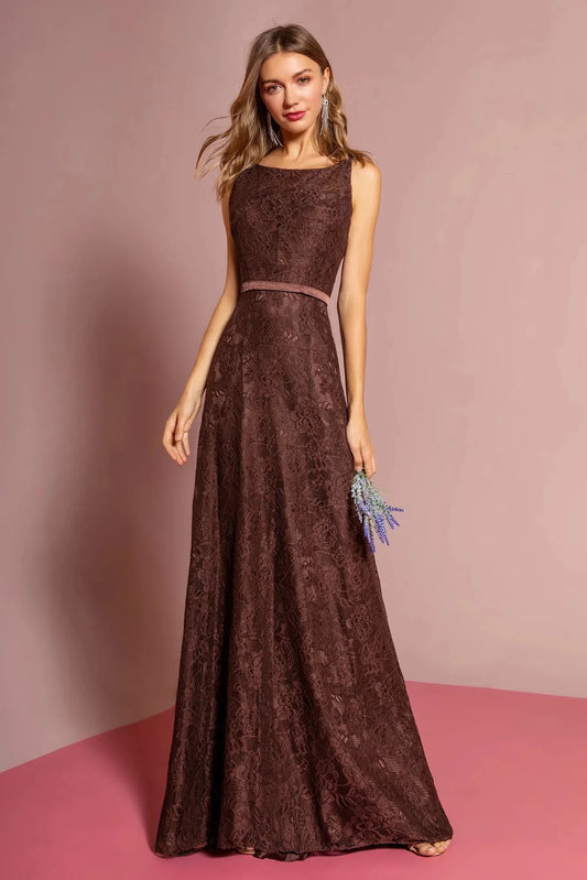 Full-length front view shows spaghetti-strap styling on the Brown prom evening dress.