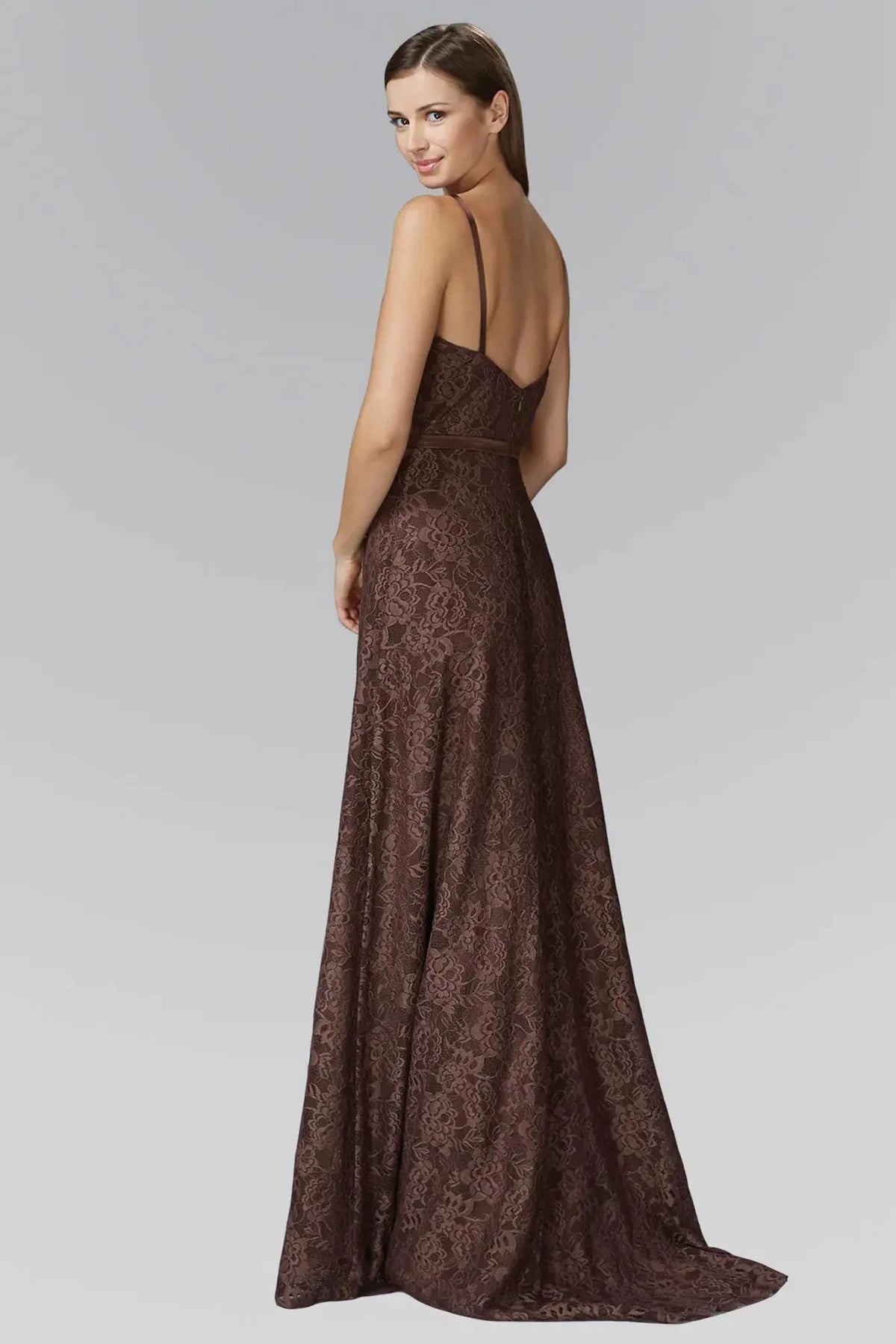 Brown prom evening dress full back with open back