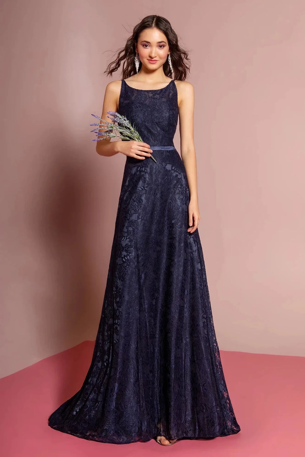 Navy spaghetti-strap prom evening dress full front