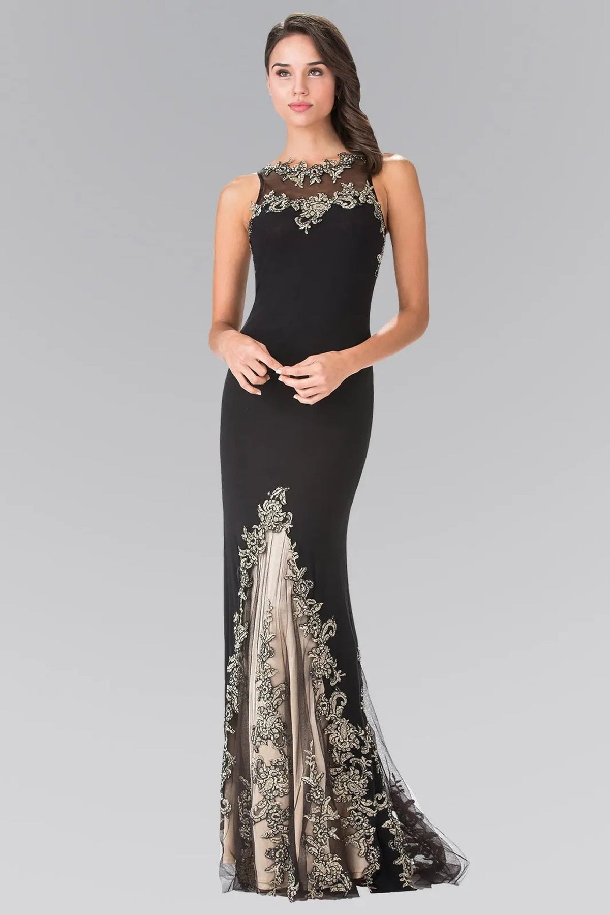 Black embellished embroidery formal dress full front view
