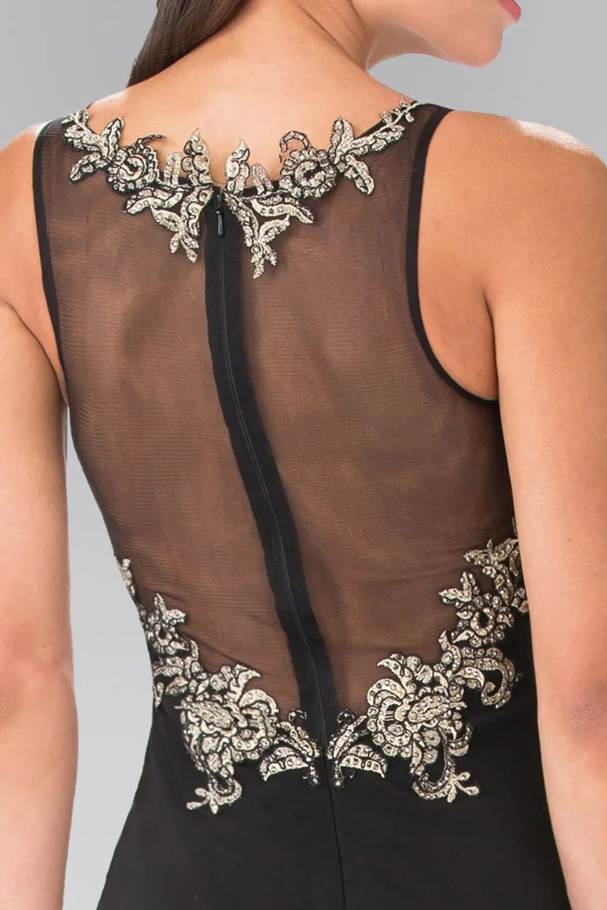 Black embellished embroidery formal dress detail