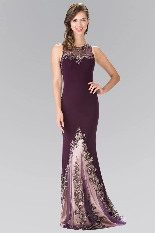 Full-length view highlights eggplant embellished embroidery formal dress.