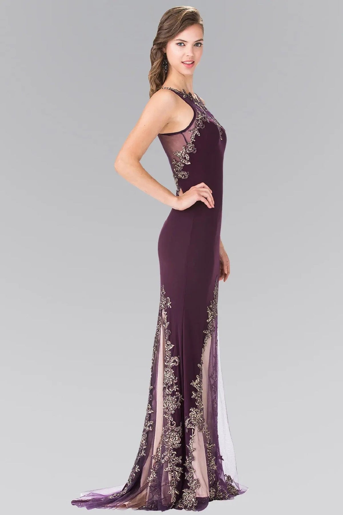 Eggplant embellished embroidery formal dress detail