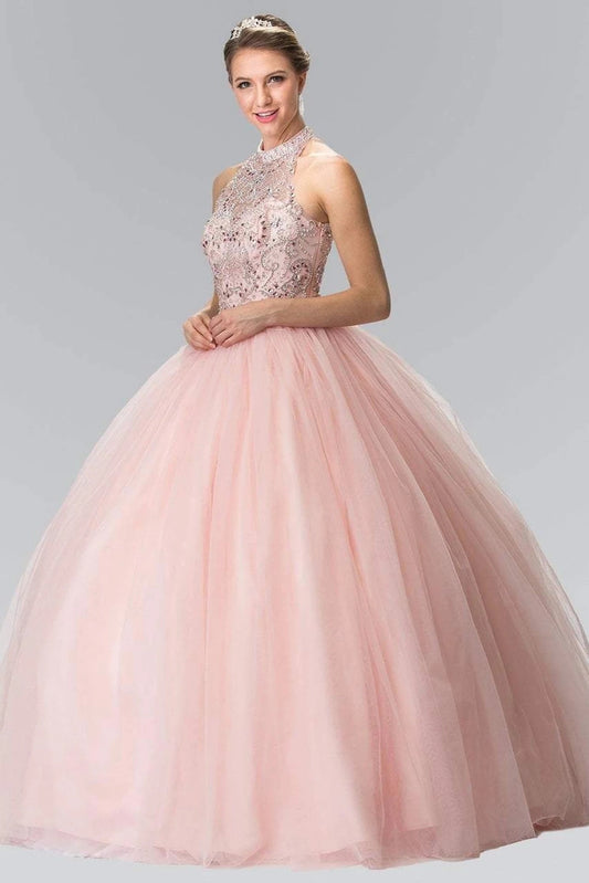 Full-length Blush quinceañera ball gown showcases a jeweled halter bodice and smooth blush tulle skirt.