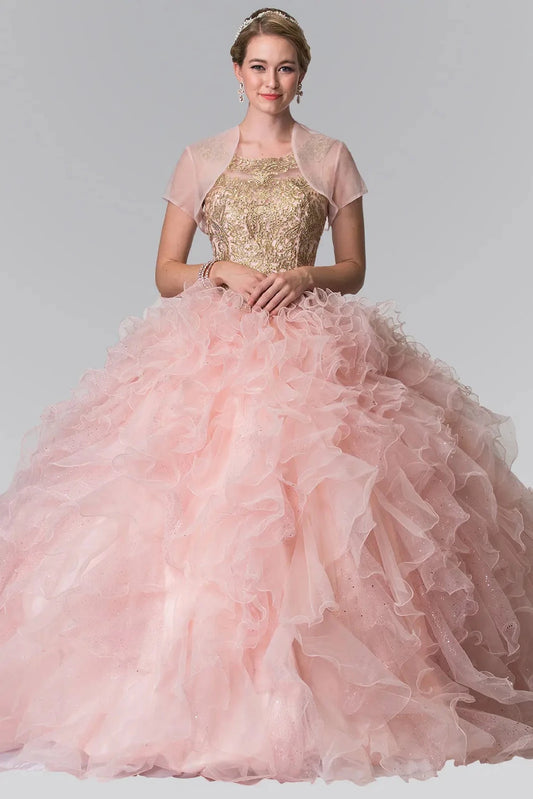 Sweeping Blush quinceañera ball gown is shown in full with a short bolero over a gold-embroidered bodice and ruffled skirt.