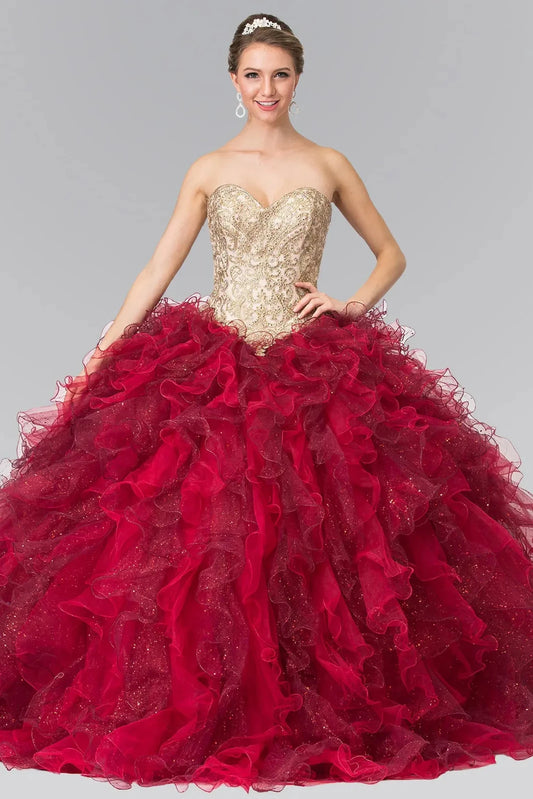 Displayed in full, the Burgundy quinceañera ball gown features a champagne corset bodice and deep burgundy ruffled skirt.