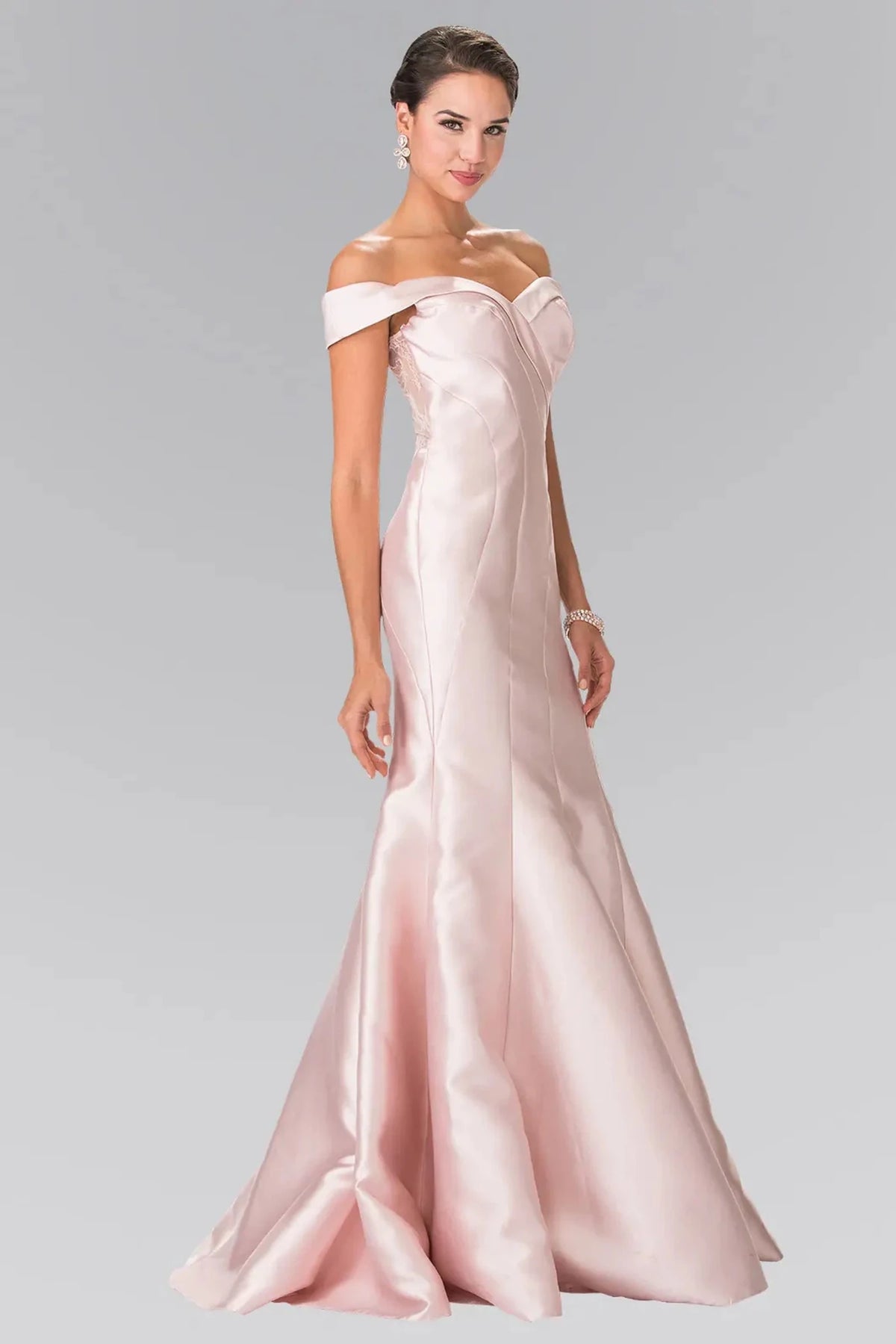 Blush sheer off-shoulder prom evening dress full front