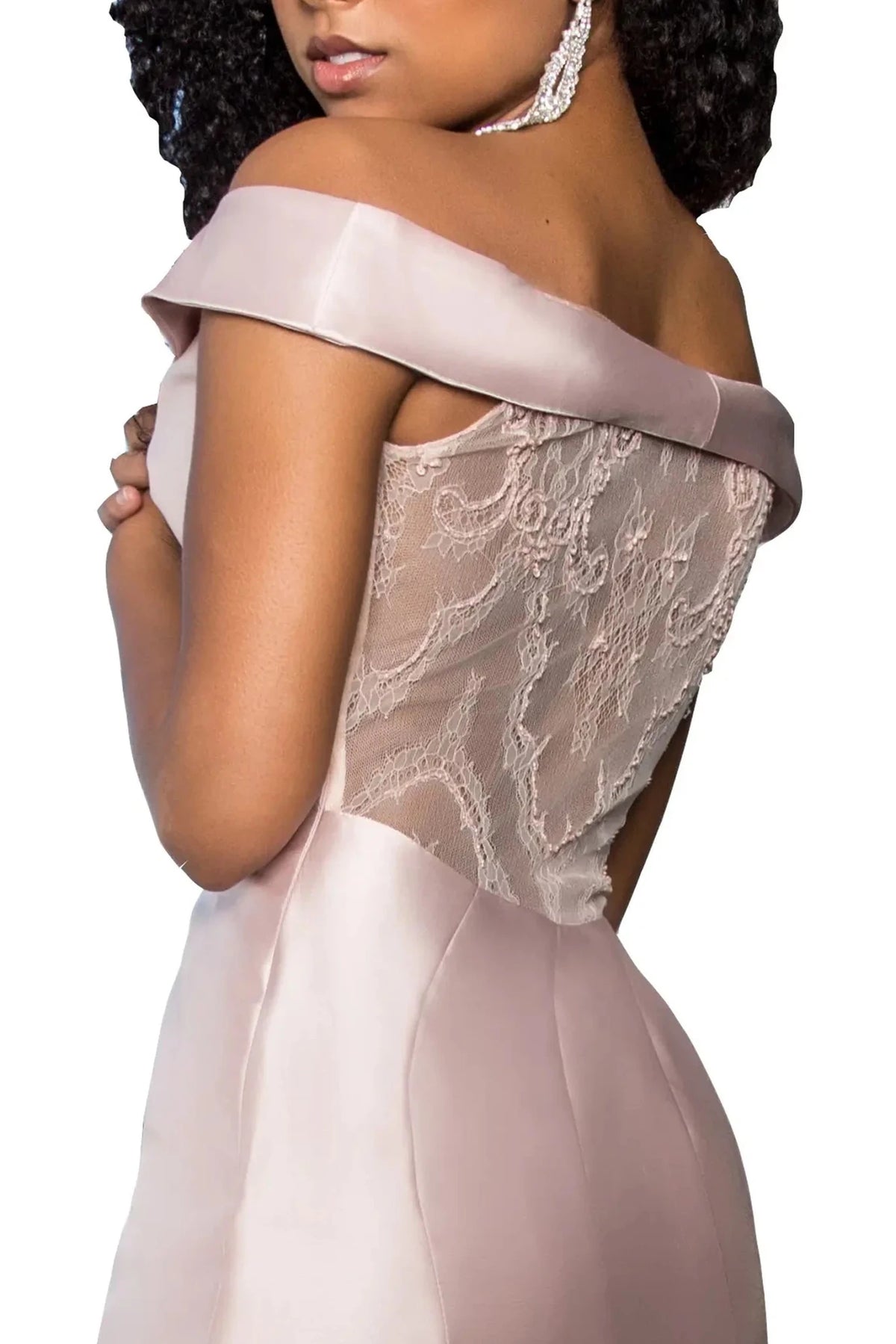 Blush sweetheart prom evening dress upper front with lace, sheer detail, sweetheart