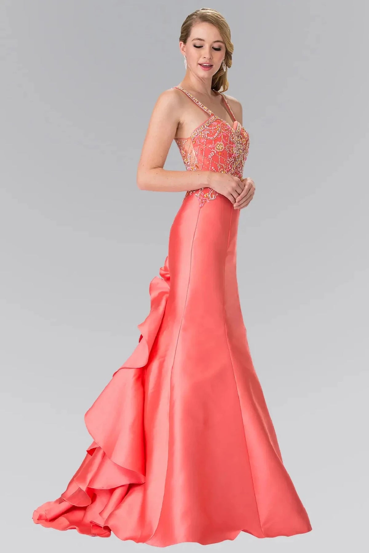 Coral beaded prom evening dress full front