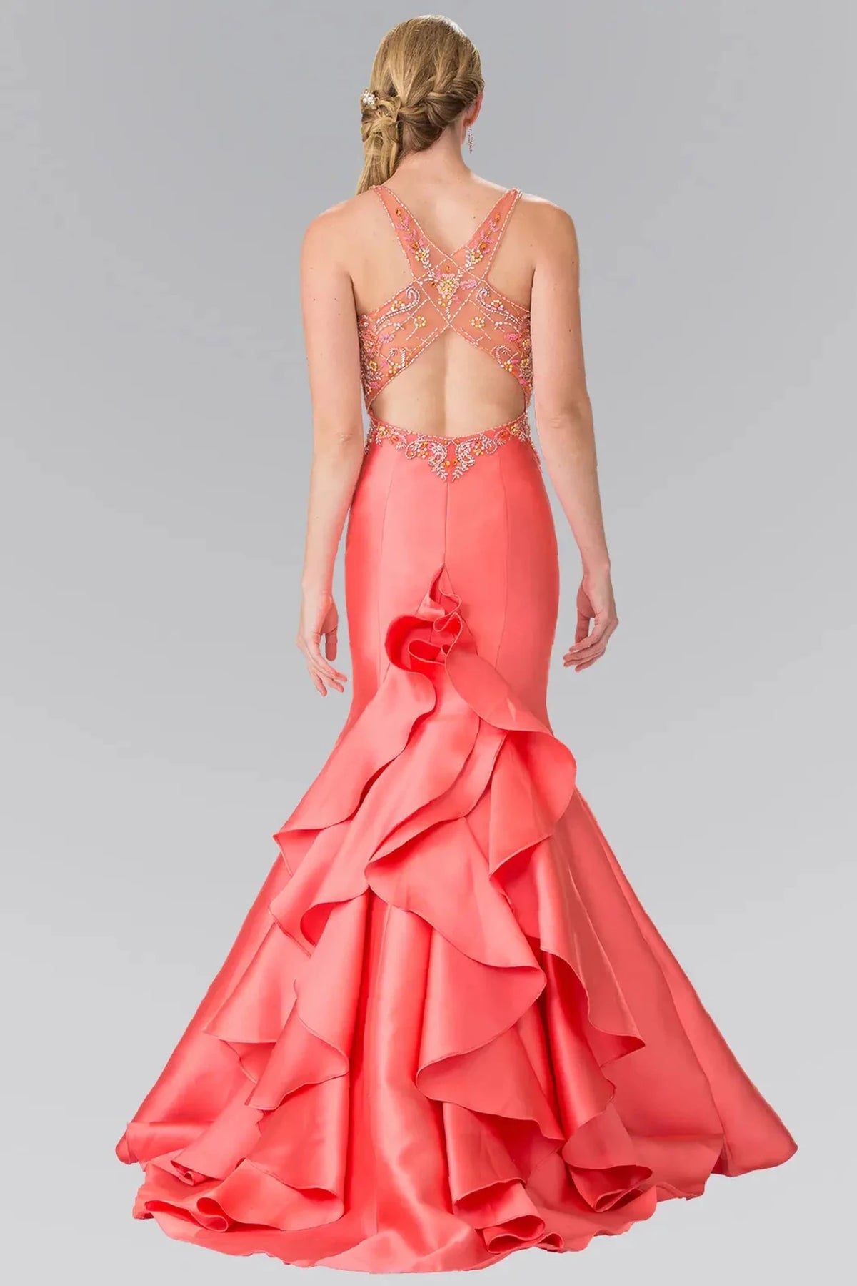 Coral prom evening dress full back with sheer back