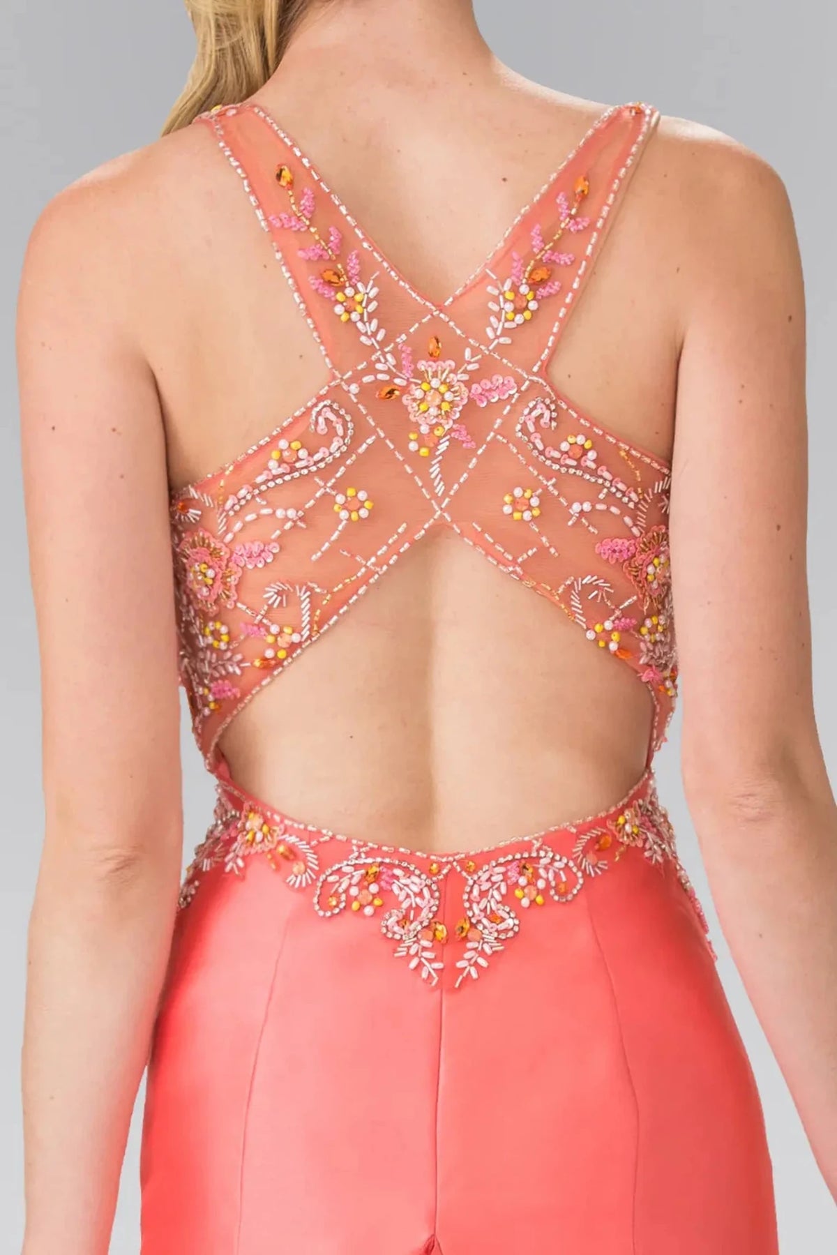 Coral prom evening dress trumpet skirt detail