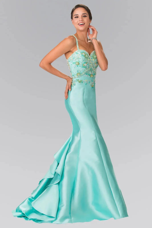 Full-length front view shows beaded styling on the Tiffany prom evening dress.