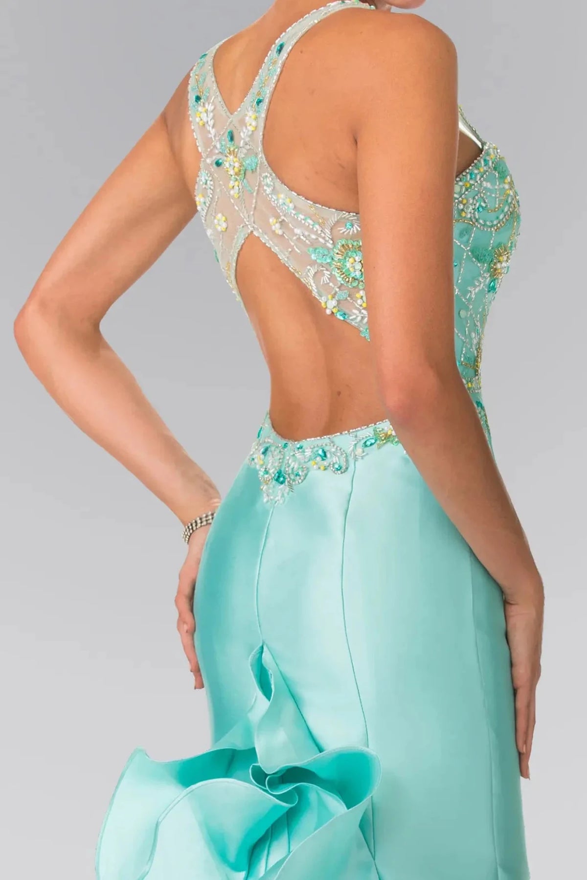 Tiffany prom evening dress trumpet skirt detail
