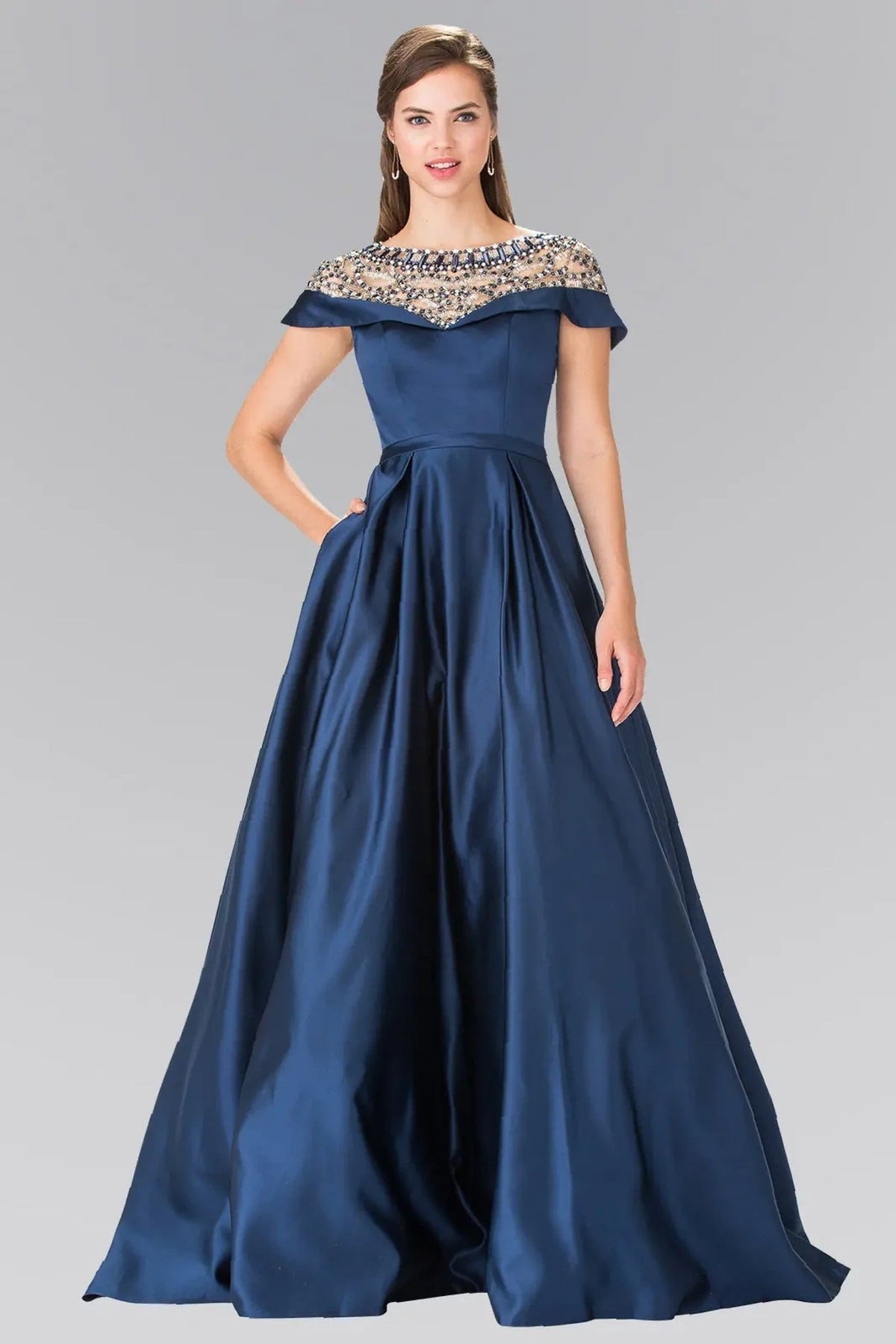 Navy beading formal dress side detail