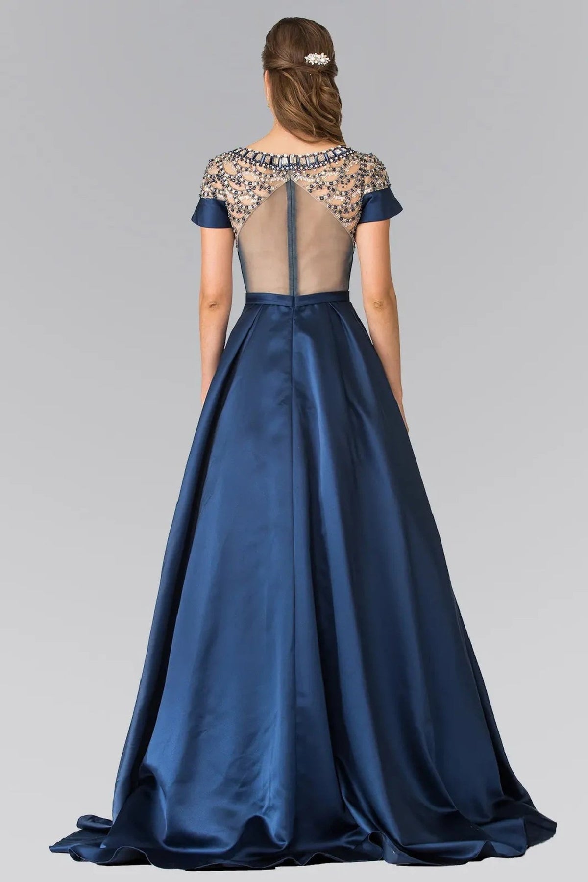 Navy beading formal dress back bodice detail