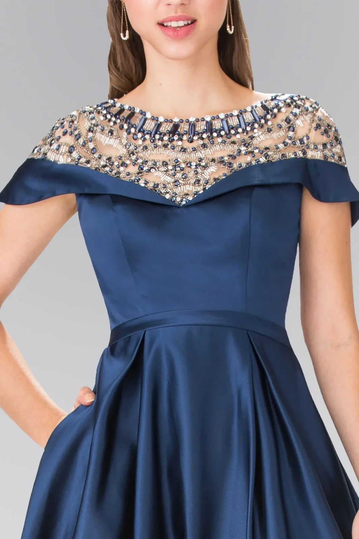 Navy beading formal dress full back view