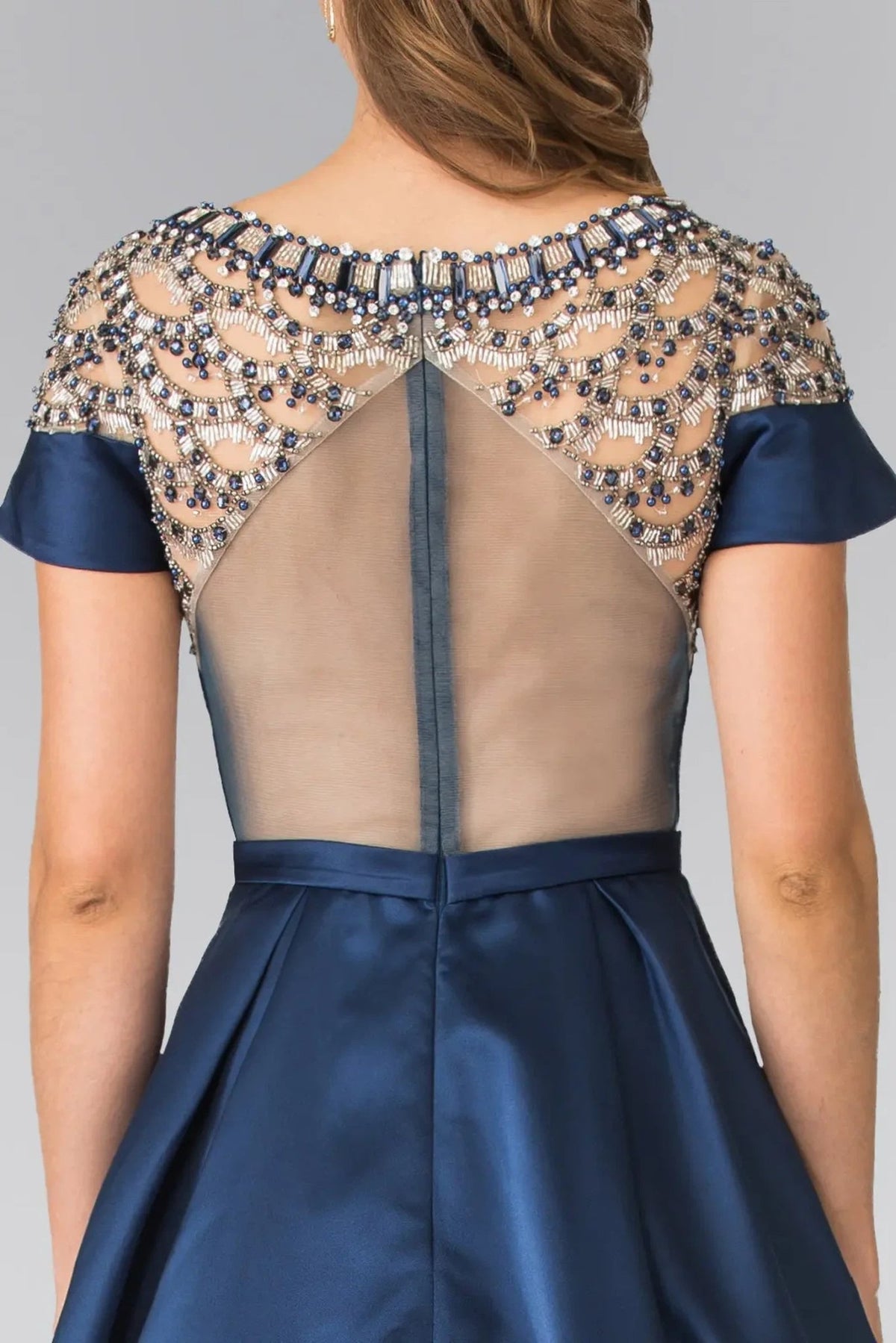 Navy beading formal dress full front view