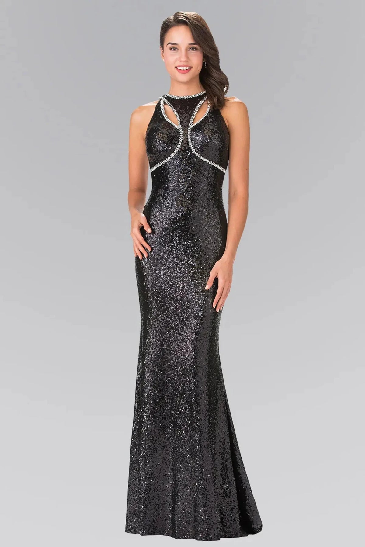 Black sequin prom evening dress full front