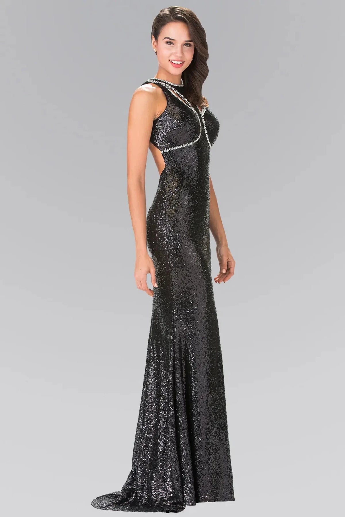 Black prom evening dress full back with open back