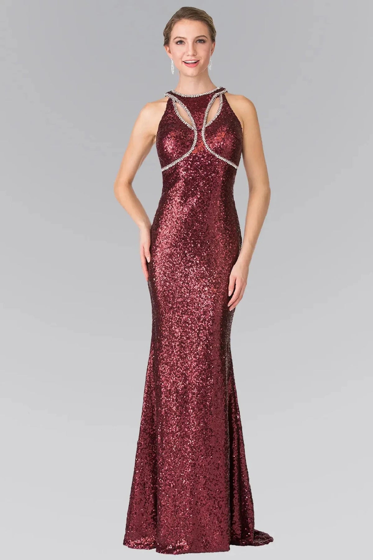 Burgundy sequin prom evening dress full front