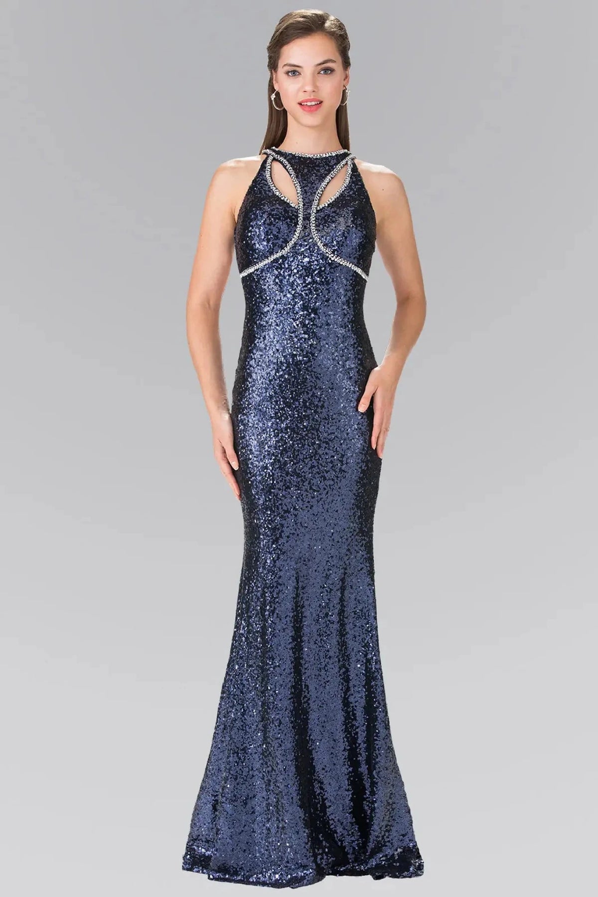 Navy sequin prom evening dress full front
