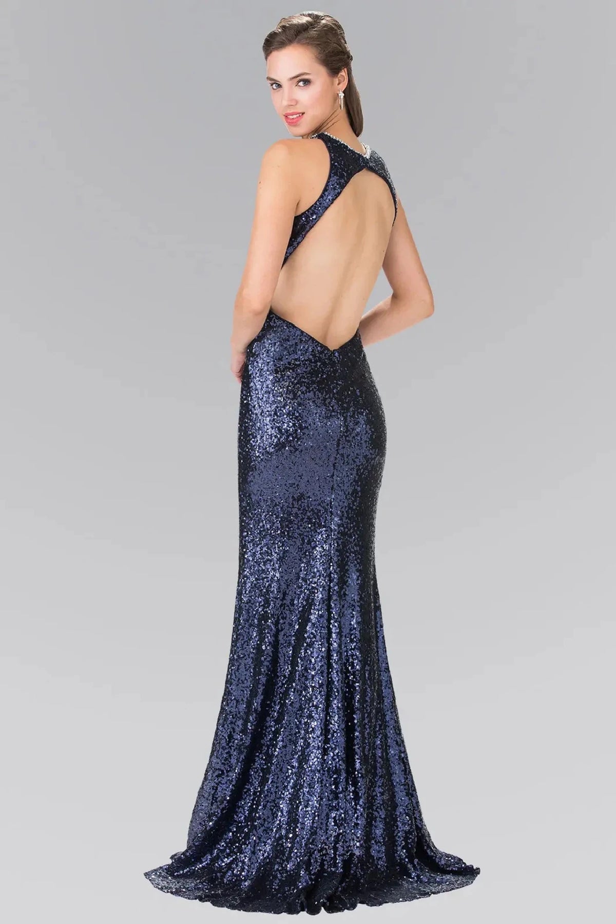 Navy prom evening dress full back with open back