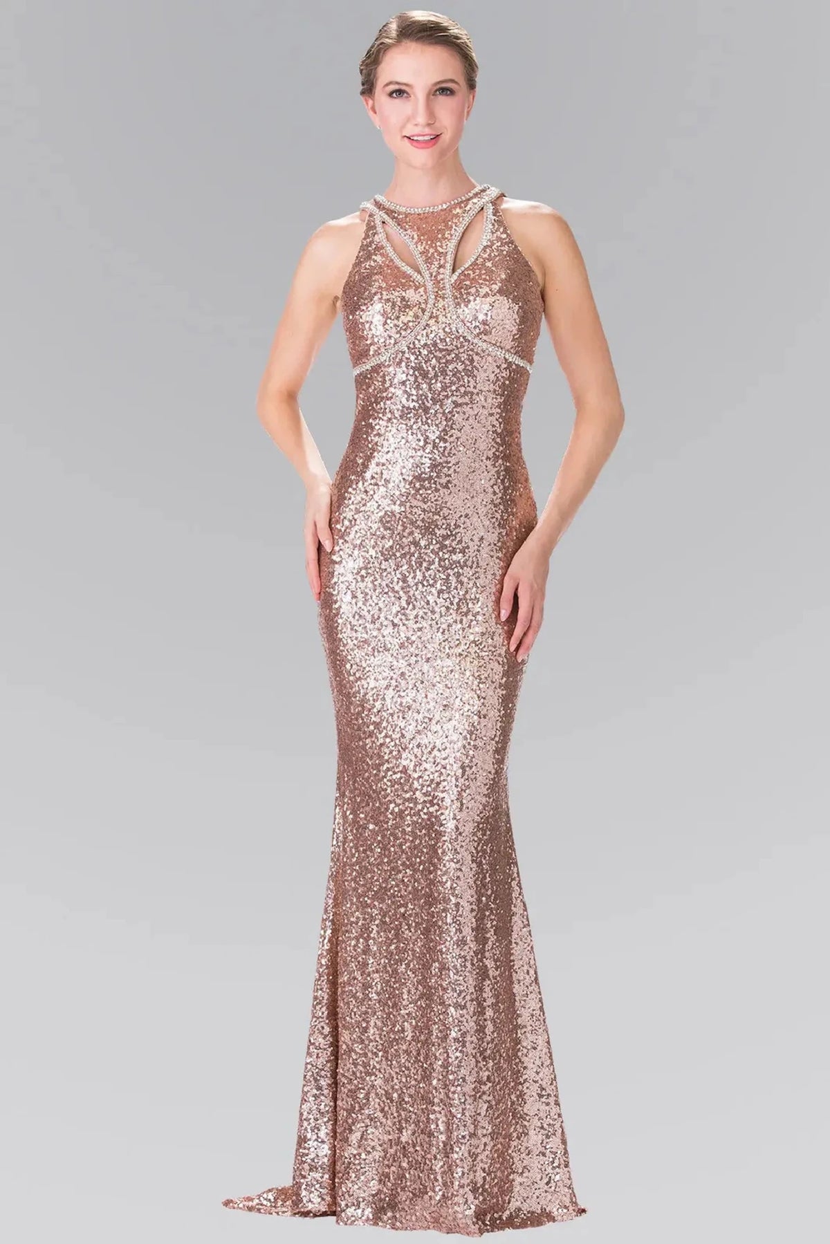 Rose Gold sequin prom evening dress full front